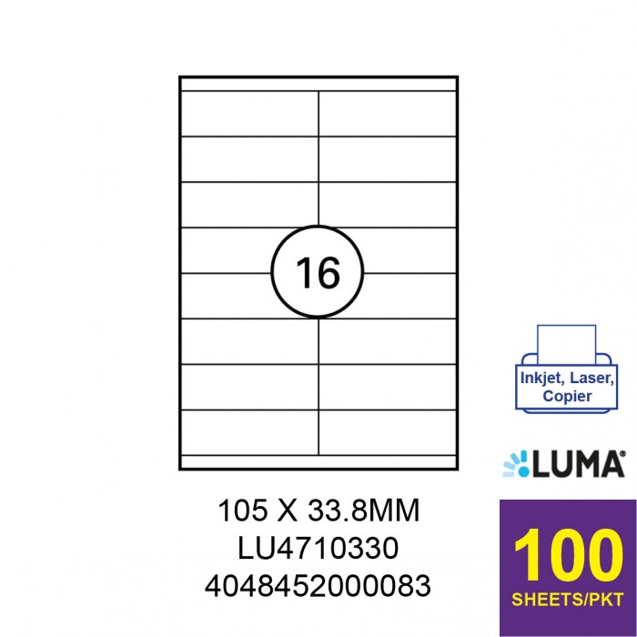 LUMA LU4710330 LABEL FOR INKJET / LASER / COPIER 100 SHEETS/PKT WHITE 105X33.8MM